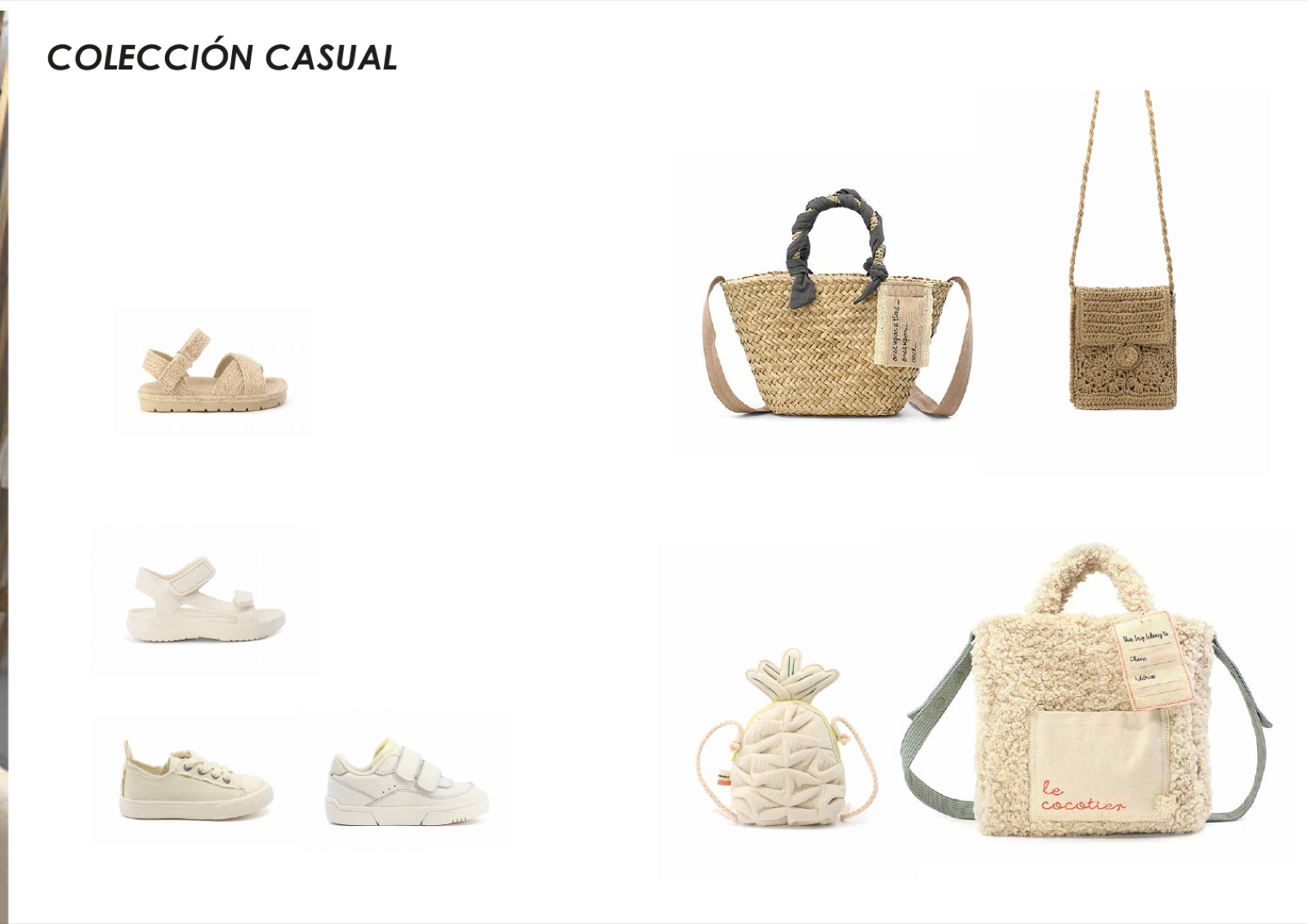 Lámina del lookbook Colección Casual con calzado y bolsos en tonos crudos